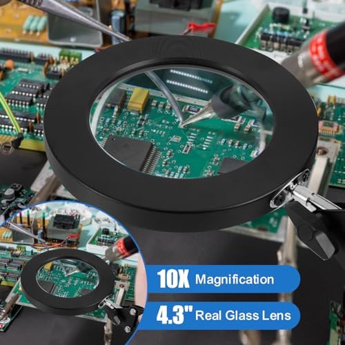 10X Magnifying Glass with Light and Clamp, Real Glass Lens, Adjustable Swing Arm, 3 Color Modes, Stepless Dimming LED Magnifying Lamp for Reading, Crafts, Soldering, Sewing & Close Work