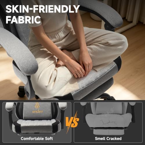SUKIDA Computer Gaming Chair - Fabric Video Game Chairs with Footrest and Lumbar Support Swivel Comfy Linkage Armrests Gamer Chairs Home Desk Chair for Adults, Grey&Black