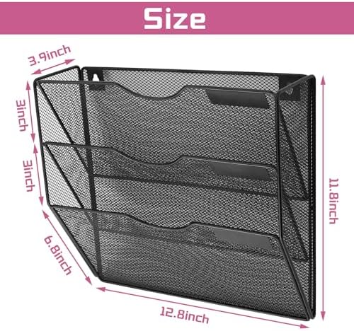 3 Pockets Mesh Wall File Holder Organizer Office Hanging File Folder Magazine Rack, Nametag Label Hooks Set Included (Black)