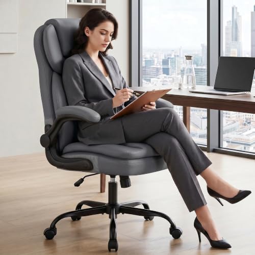Ergonomic PU Leather Office Chair with Double-Layer Seat Cushion, Adjustable Armrest and Headrest, Reclining Backrest 360° Swivel Rolling Computer Desk Chair for Home Office Gaming Space, Gray