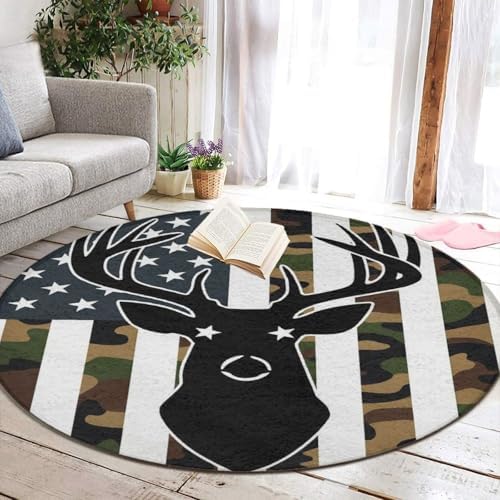 Soft Round Yoga Carpet, Office Chair Decor Round Mat for Carpet and Hardwood Floors American Flag Camo Deer