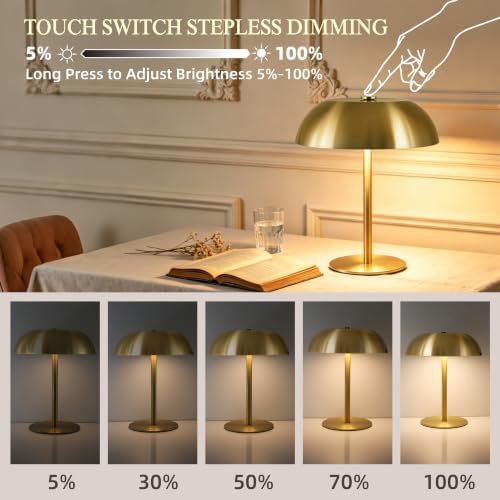 2 Pack Portable LED Mushroom Table Lamp, 12H Cordless Metal Night Light with Rechargeable Battery, Stepless Dimmable 3 Colors Desk Lamp for Bedroom Bar Coffee Shop(Brushed Gold)