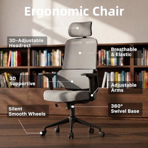 High Back Ergonomic Desk Chair with Adjustable Lumbar Support and Headrest Home Office Desk Chair with flip-up Armrests for Home, Office, Gaming, Student（Black）