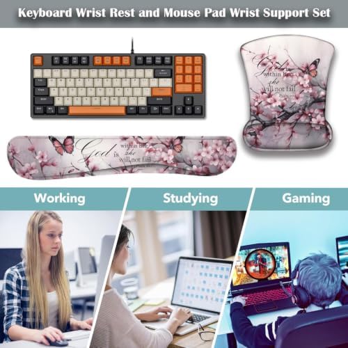 Ergonomic Keyboard Wrist Rest & Mouse Wrist Support Set with Lace Coaster, Gel Memory Foam Anti-Slip Base, Pain Relief for Typing, Cherry Blossom Butterflies