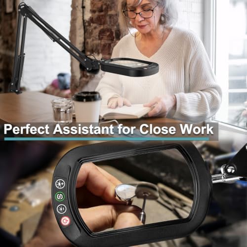 IVMAIE 12X Large Magnifying Glass with Light, Real Glass, 5 Color Modes Stepless Dimmable Magnifier with Stand, LED Lighted Clamp Desk Lamp with Swing Arm, Hands Free for Reading Crafts Close Work
