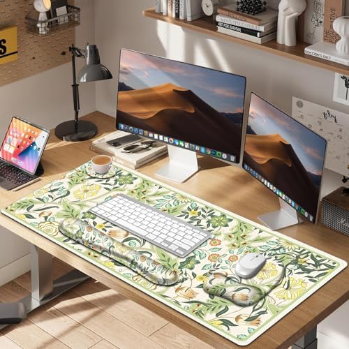 4 in 1 Large Mouse Pad, Keyboard Wrist Rest Set, Ergonomic Mouse Pad with Wrist Support, Desk Mat with Stitched Edges Extended Desk Pad Waterproof Desk Mat for Home Office Game I Green Flower Plants