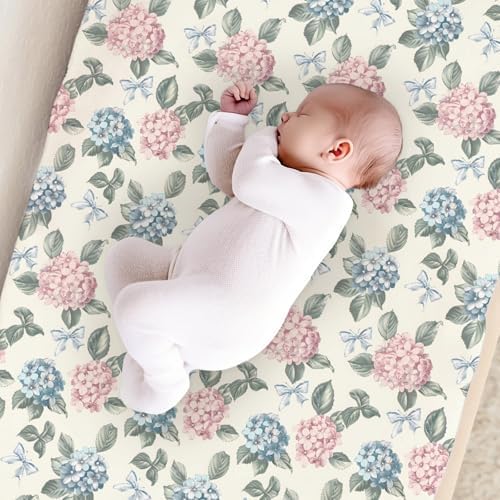 Spring Hydrangea Floral Leaves Bows Baby Changing Pad Cover, Unisex Flowers Nursery Diaper Changing Table Pad Mat Sheet for Boys Girls-16x32