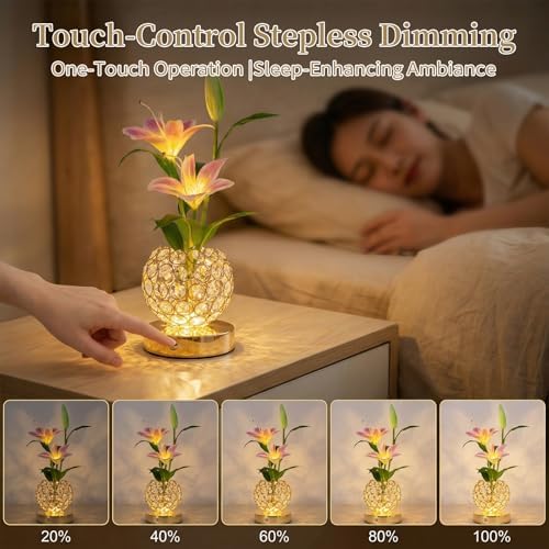 Stargazer Lily Flowers Crystal Table Lamp, Rechargeable Touch Night Lamp