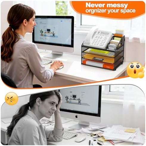 DocNest 4 Tier Metal Mesh Desk File Organizer with Phone Shelf, Black