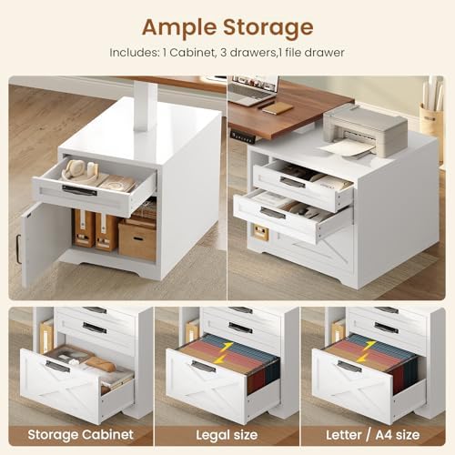 SEDETA Farmhouse L Shaped Standing Desk, 70.1" x 73.2" Height Adjustable Home Office Executive Desk with Drawers, Power Outlet, Monitor Stand, Sit Stand Table with Led Lights for Home Office, White
