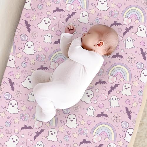 Cute Cartoon Halloween Theme Bats Rainbow Pattern Baby Changing Pad Cover, Unisex Fall Winter Holiday Nursery Diaper Changing Table Pad Mat Sheet for Boys Girls-16x32