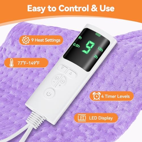 Heating Pad for Back Pain, 17"x33" Electric Heat Pad with 9 Heat Levels & 4 Auto-Off Timers, Portable Heating Pad for Period Cramps, Shoulder, Neck, Machine Washable, Gifts for Women Men, Purple