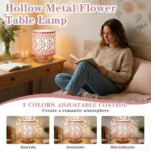 Green Small Table Lamp, LED Cutout Metal Bedside Lamp with 3 Color Temperatures for Office, Living Room, Bedroom, Dorm (Pink)