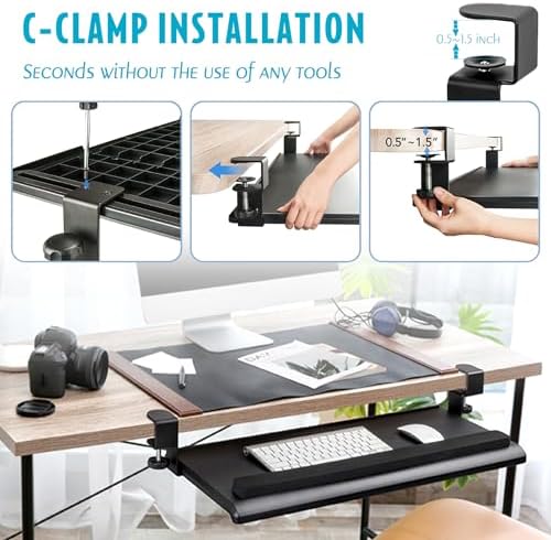 EHO Large Ergonomic C-Clamp Keyboard Tray Mount Under Desk with Wrist Rest, Slide-Out Platform 27.5" (31.8" Including Clamps) x 12.5", Pull Out Keyboard & Mouse Tray for Home or Office, Black