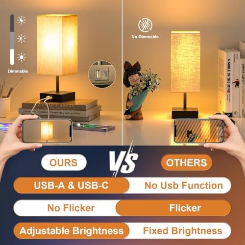 Bedside Table Lamps for Bedroom Touch Nightstand Lamp with USB C+A