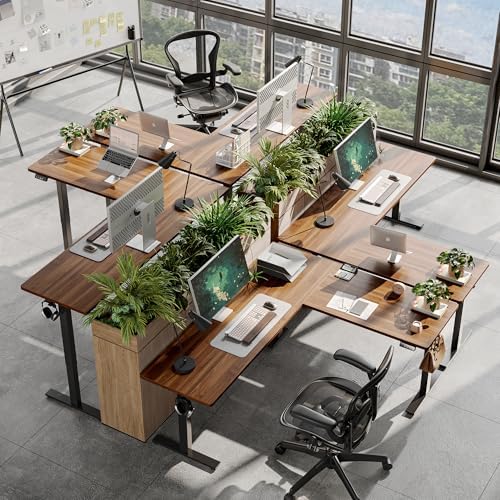 TIQLAB 75 x 61 inch L Shaped Standing Desk Adjustable Height, Electric Corner Standing Desk, Sit Stand Computer Table with Splice Board, Black Walnut
