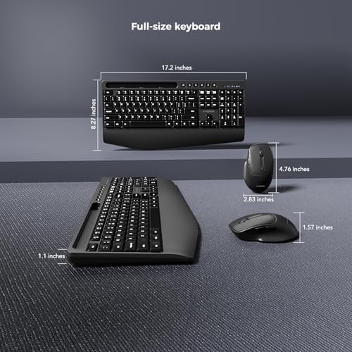 KYSONA Wireless Keyboard and Mouse Combo, Full Sized Cordless Keyboard with Wrist Rest, Phone Holder, 2.4G 3 DPI Adjustable Optical Mice Keyboard for Computer/Laptop/PC/MAC/Windows, Black