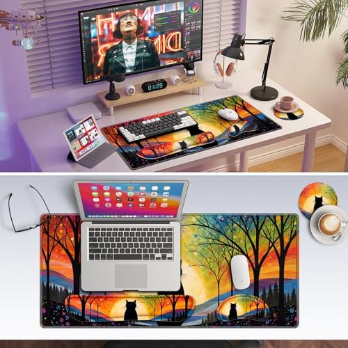 Canjoy Desk Mat with Wrist Rest, Anime Black Cats Keyboard and Mouse Pad
