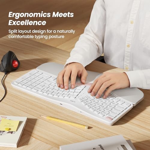 Nulea Wireless Ergonomic Keyboard, Split Keyboard with Cushioned Wrist Rest, USB and Bluetooth Connectivity, USB-C Rechargeable, Compatible with Windows Mac（Pink-White）