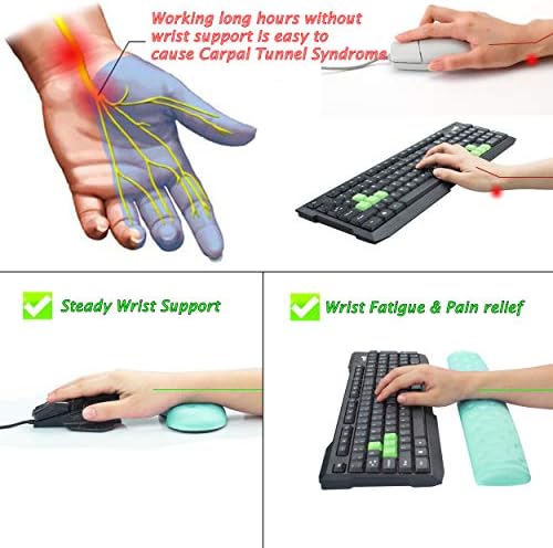 BRILA Memory Foam Mouse & Keyboard Wrist Rest Support Pad Cushion Set for Computer, Laptop, Office Work, PC Gaming - Massage Holes Design - Easy Typing Wrist Pain Relief (Aquamarine)