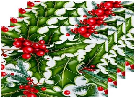 Shrahala Christmas Fir Branches Set Of 4 12 X 18 Inch Linen Placemats , Green Fir Branches Red Holly Berry Burlap Table Mat Washable Double Layered Heat Insulation For Indoor/Outdoor