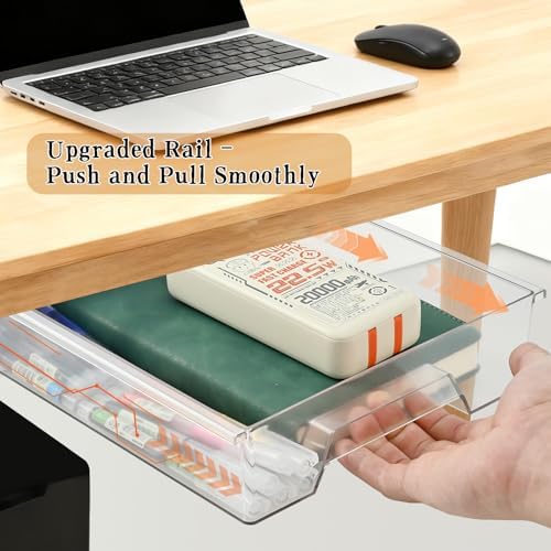 2 Pack 10.91"x 8.23" Under Desk Drawer Storage Organizer, Durable PC Material Self-Adhesive with Slide Out Rail, Hidden Hanging Desk Drawer for Office Supplies, Stationery, No Drilling Install, Clear