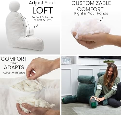 Husband Pillow Medium Reading Pillow with Arms - 23" Backrest for Sitting Up in Bed - Firm Support Bed Rest Pillow for Adults, Neck Roll, Removable Cover - TV, Reading, Lounging - Dark Green