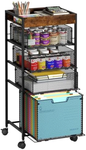 SWTYMIKI Rolling File Cart with Drawers - 5 Tier Art Craft Rolling Organizer Cart - Office Storage &Organization, Mobile Metal File Cabinet for Office and Home Espresso