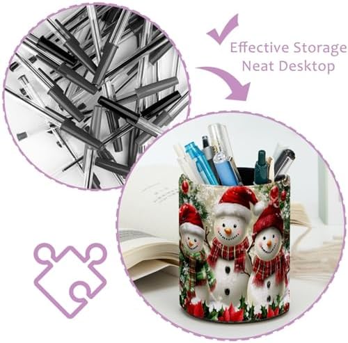 Pencil Holder for Desk, Christmas Snowman Tree Pen Cup Makeup Brush Holder, Leather Desktop Organizer Storage Case Stationery for School Home Office Supplies
