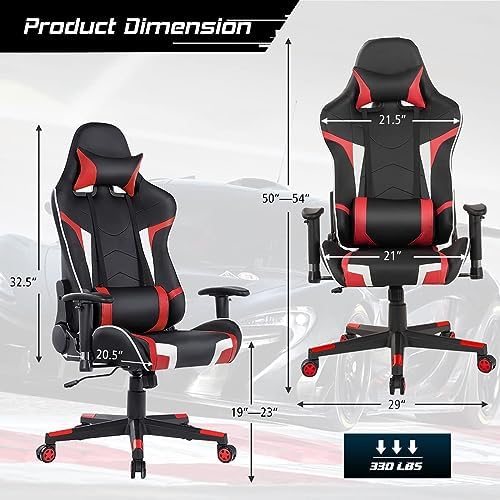 DORTALA Ergonomic Gaming Chair, High-Back Racing Chair w/Massage Lumbar Support, Extra Power Bank Pocket, 360° Swivel, Adjustable Backrest & Armrest, for Office, Game Room (Red)