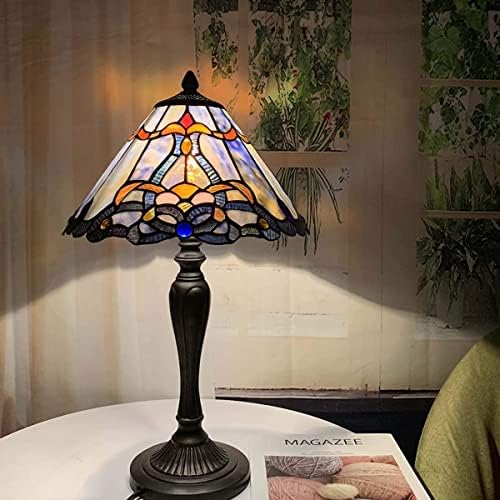 Bieye L10683 Baroque Tiffany Style Stained Glass Table Lamp Night Light with 12 Inch Wide Blue Lampshade for Bedside Bedroom Living Room, 20 inch Tall