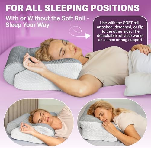 3-in-1 Orthopedic Pillow, Cervical Neck Pillow for Sleeping, Adjustable Height Memory Foam Neck Pillow and Detachable Roll, Contour Pillow for Neck Pain Relief for All Sleeping Positions (Gray)