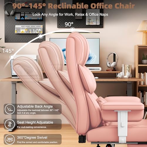 Vonesse Office Chair, Desk Chair with Soft Adjustable Armrests, Executive Computer Chairs with Lumbar Support, High Back Gaming Chair with Footrest (PU Leather, Pink)