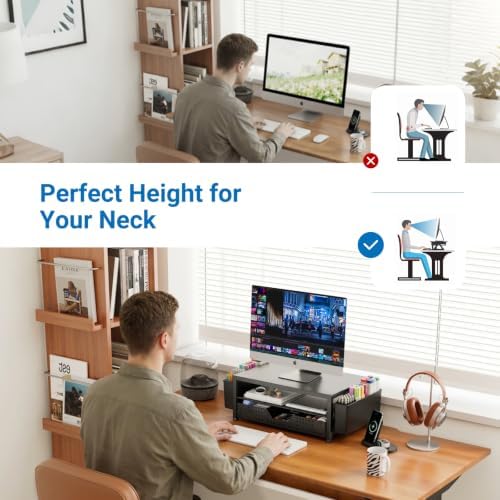 OPNICE Desk Organizers and Accessories, Computer Monitor Stand Riser with Drawer and 2 Pen Holders, Printer & Laptop Stand, Office Desk Accessories & Workspace Organizers for Home Office Supplies, Metal Black