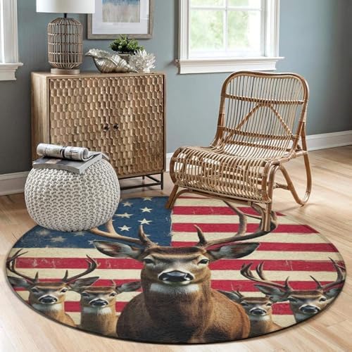 Women's Large Home Decor Mat, Soft Round Yoga Carpet, Non Slip Machine Washable Home Office Circle Rug American Flag Deers