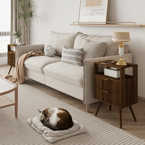 JOONEE Nightstand with Charging Station and LED Lights,Modern Bedside Table with 2 Storage Drawer and Open Wood Shelf, for Bedroom and Small Spaces,Night Stand with Solid Wood Legs,Walnut Brown