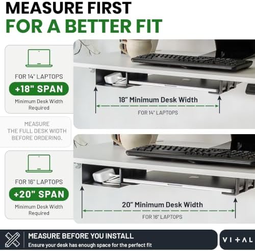 VI+AL Under Desk Laptop Mount - Hidden Metal Shelf with Side Storage - Installs with Tape & Screws - Fits Devices up to 1.7" Thick - Standard (No Hook or Cable Organizer)