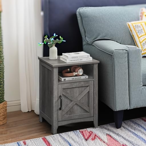 VASAGLE Farmhouse Nightstand with Barn Door, Bedside Table for Bedroom