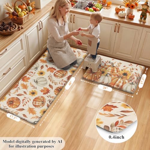 HEBE Fall Kitchen Rugs Set of 2,Anti Fatigue Pumpkin Kitchen Mats for Floor