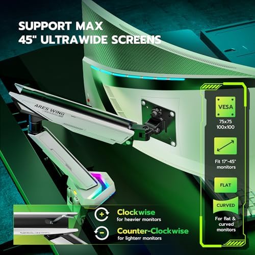 ARES WING RGB Single Monitor Arm Desk Mount for 17-45 inch Monitors, White