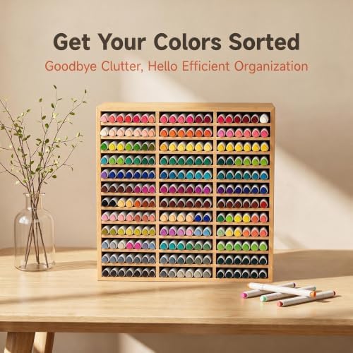 Marker Organizer for 180 Markers Bamboo Wooden Desk Storage Organizer Rack Bamboo Marker-Organizer All-in-One Marker Storage for Art Markers, Brush Pens, Pencils