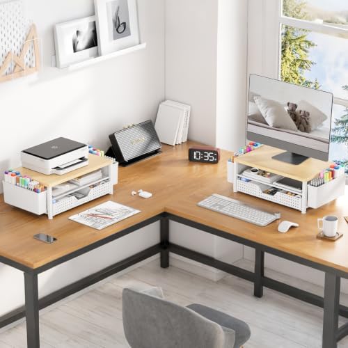 Wood Metal Monitor Stand Riser, Laptop Stand for Desk, Office Desk Organizer and Accessories, Computer Desktop Shelf with Drawer and Pen Holder, Printer Stand for Home, Office, Dorm (Natural Wood)