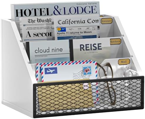 Mail Organizer Countertop,Wooden Mail Holder,4 Slot Letter Holder for Desktop,Vintage Desk Orgaizer for Fill,Bill (White)