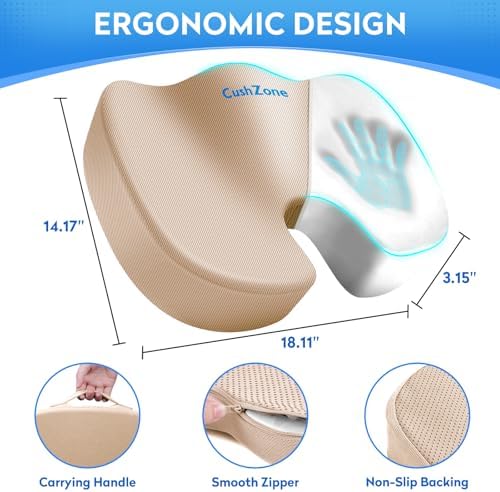 CushZone Memory Foam Seat Cushion for Office Car & Wheelchair, Khaiki