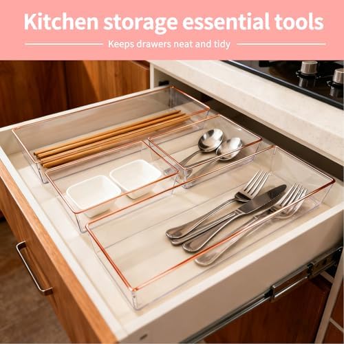 4 Pack Large Size Clear Stackable Drawer Organizer Trays, Rose Gold Rim Makeup Drawer Storage Tray Divider, Desk Storage for Makeup, Jewelry, Bathroom, Stationary, Kitchen Utensils and Office Desk