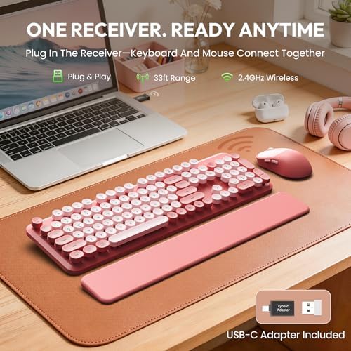 Wireless Keyboard and Mouse Combo, Typewriter Keyboard with Magnetic Wrist Rest, Full-Size Cute Round Keycaps, Sleep Mode, 2.4G Keyboards for Mac/Windows/PC, Office or Home, Trueque CK23Pro