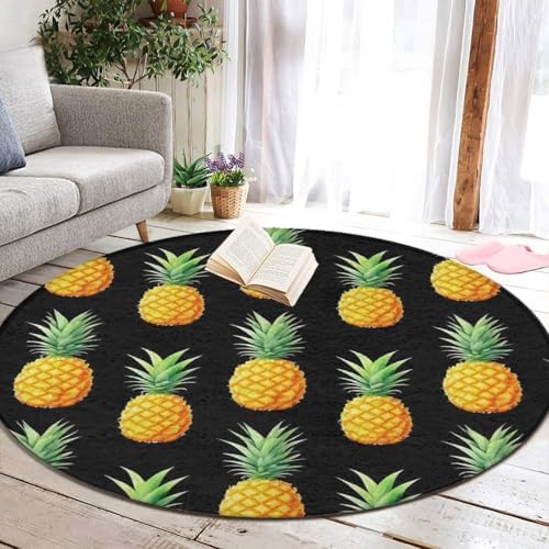 Large Machine Washable Circular Rugs, Home Decor Round Mat for Living Room Sofa Office Tropical Fruits Pineapple