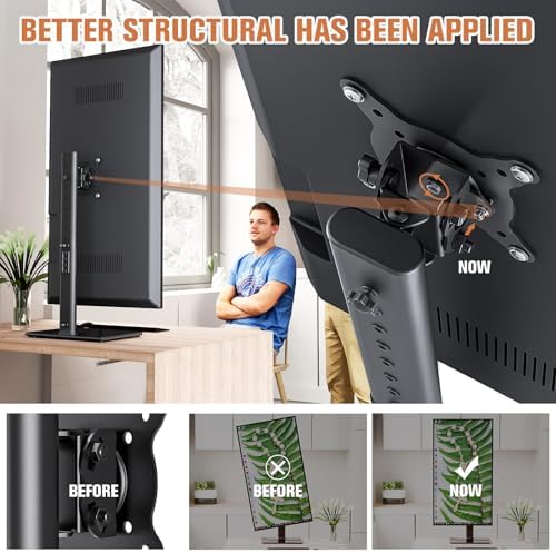 Single Monitor Stand Freestanding 27-43 Inch Monitor Arm Curved Screen Monitor Mount Tempered Glass Base Adjustable Motion Tilt -15° to 10° Swivel ±45° Rotation 360° Weight Capacity 77lbs HT05B-003