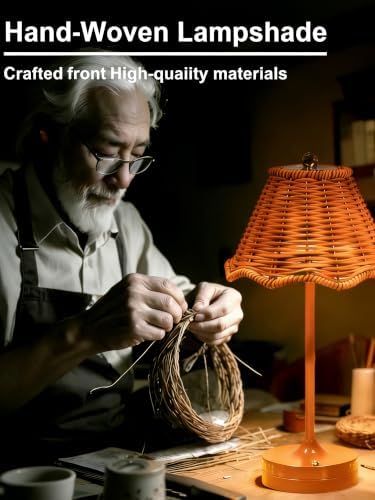 Cordless Rattan Table Lamp,Small Wicker Lamp,Vintage Boho Desk Lamp
