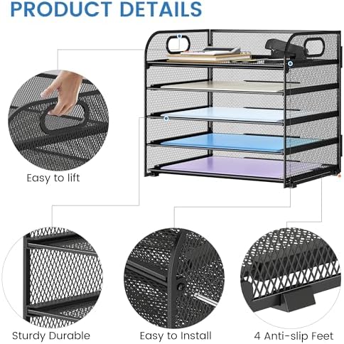 Paper Organizer Letter Tray with Handle Mesh 5 Trays-Black 2 Pack